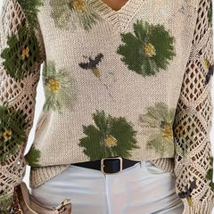 Christine Brewer Jocelyn knit cardigan for women, soft knitted sweater with button closure, worn open over a casual outfit.