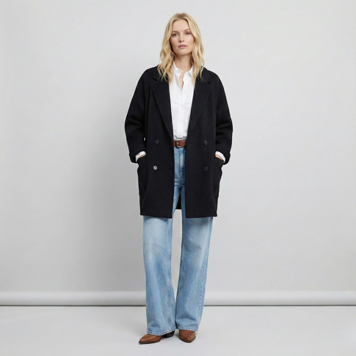 Brown double-breasted wool coat for women by Christine Brewer, featuring classic tailored design and stylish lapels.