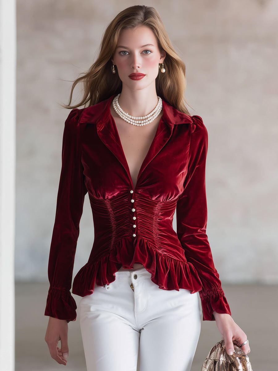 Red velvet pleated ruffled long sleeve blouse by Christine Brewer, featuring elegant ruffles and a rich red color.