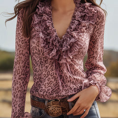 Pink leopard print chiffon ruffled lace V-neck blouse by Christine Brewer, featuring ruffles and a stylish V-neck design.