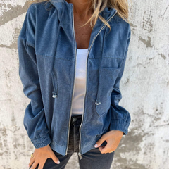 Adeline women's hooded jacket by Christine Brewer, featuring a stylish design with a hood, front pockets, and a comfortable fit.