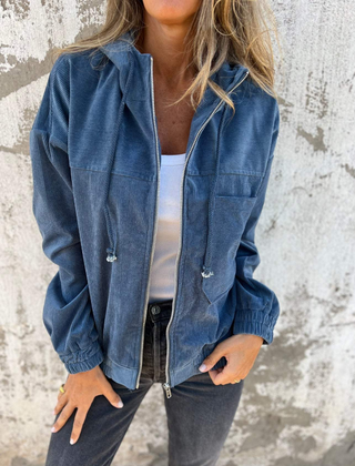 Adeline women's hooded jacket by Christine Brewer, featuring a stylish design with a hood, front pockets, and a comfortable fit.