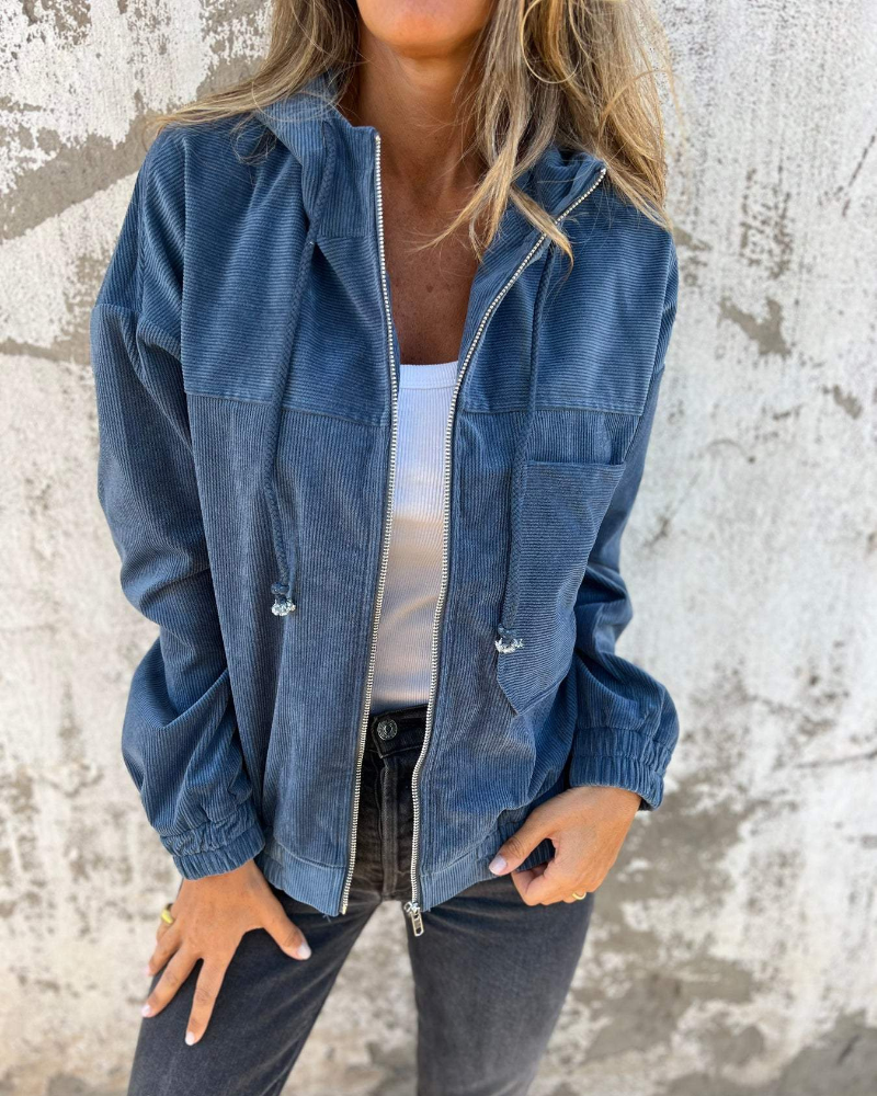 Adeline women's hooded jacket by Christine Brewer, featuring a stylish design with a hood, front pockets, and a comfortable fit.