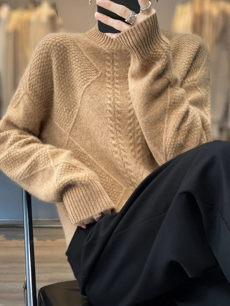 Christine Brewer Selena cable knit turtleneck sweater for women, featuring a cozy, chunky knit design in a stylish fit.