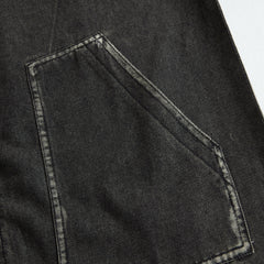 Women’s casual loose denim jumpsuit with hood, zipper, and retro pockets by Christine Brewer, featuring long sleeves and a relaxed fit.
