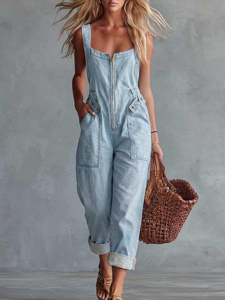 Light yellow denim jumpsuit for women with square neckline and zip-front, designed by Christine Brewer.