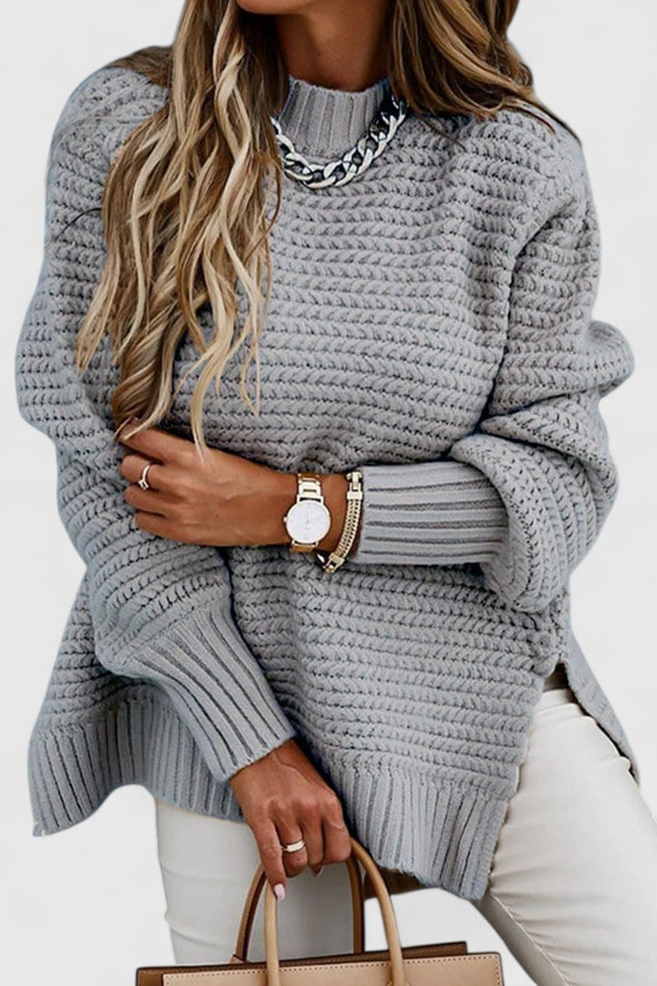 Christine Brewer Joy knit sweater for women, cozy long-sleeve top with ribbed cuffs and neckline, soft and stylish winter wear.