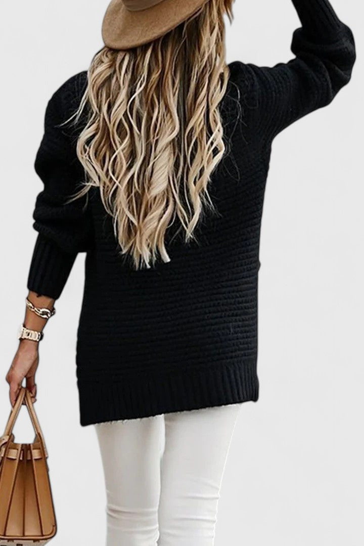 Christine Brewer Joy women's knit sweater, cozy long-sleeve top with ribbed cuffs and neckline, in soft beige color.