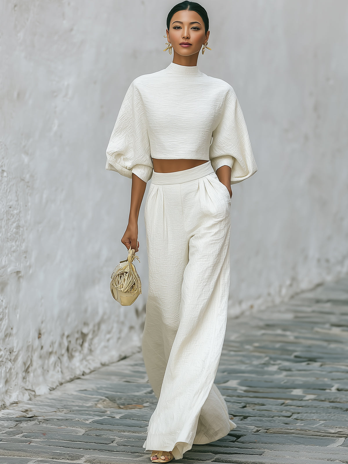 Cream textured lantern sleeve two-piece set for women featuring stylish pants by Christine Brewer, shown in a detailed product image.