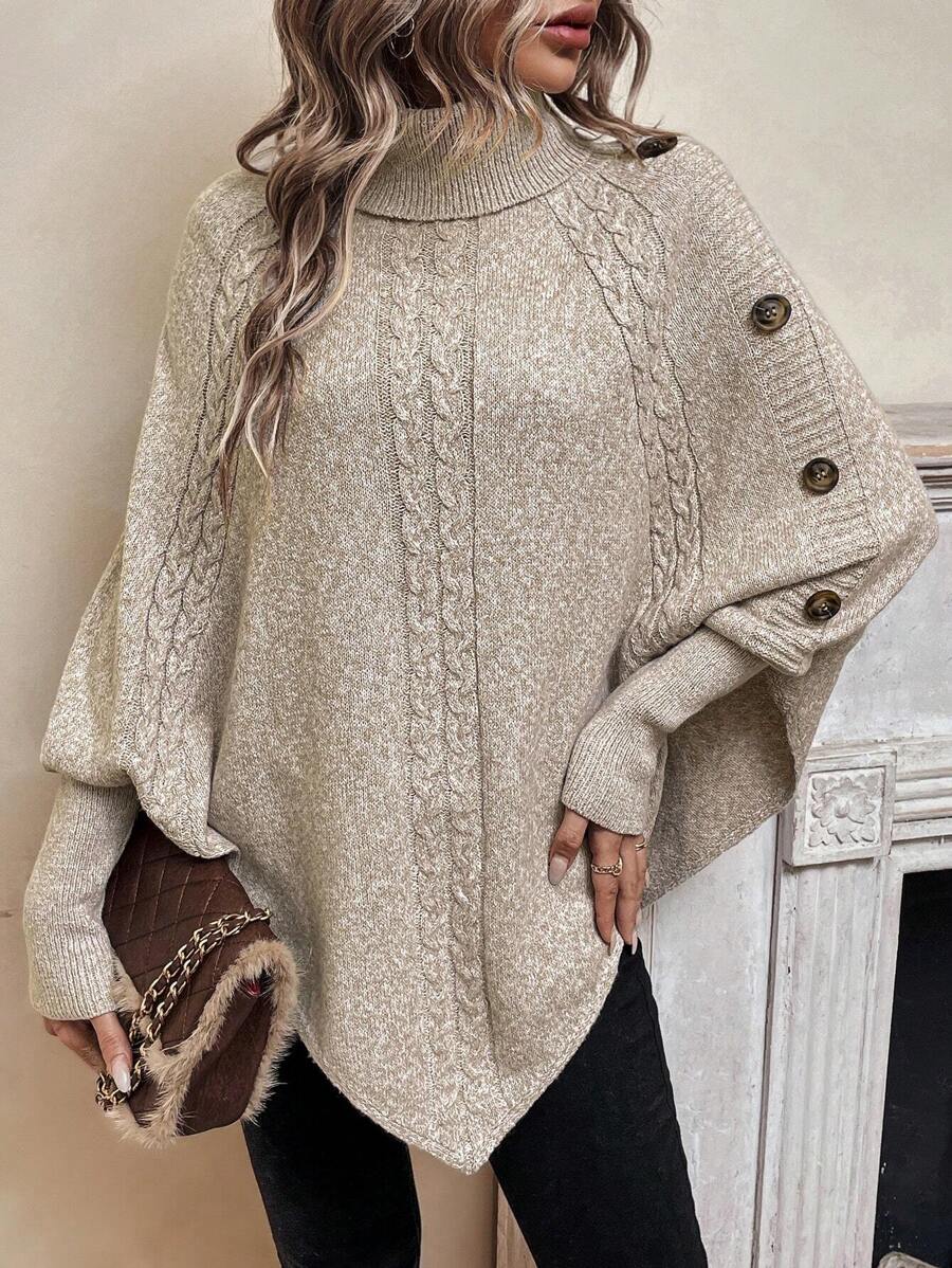 Edwina | Cable-Knit High Neck Poncho Sweater for Women