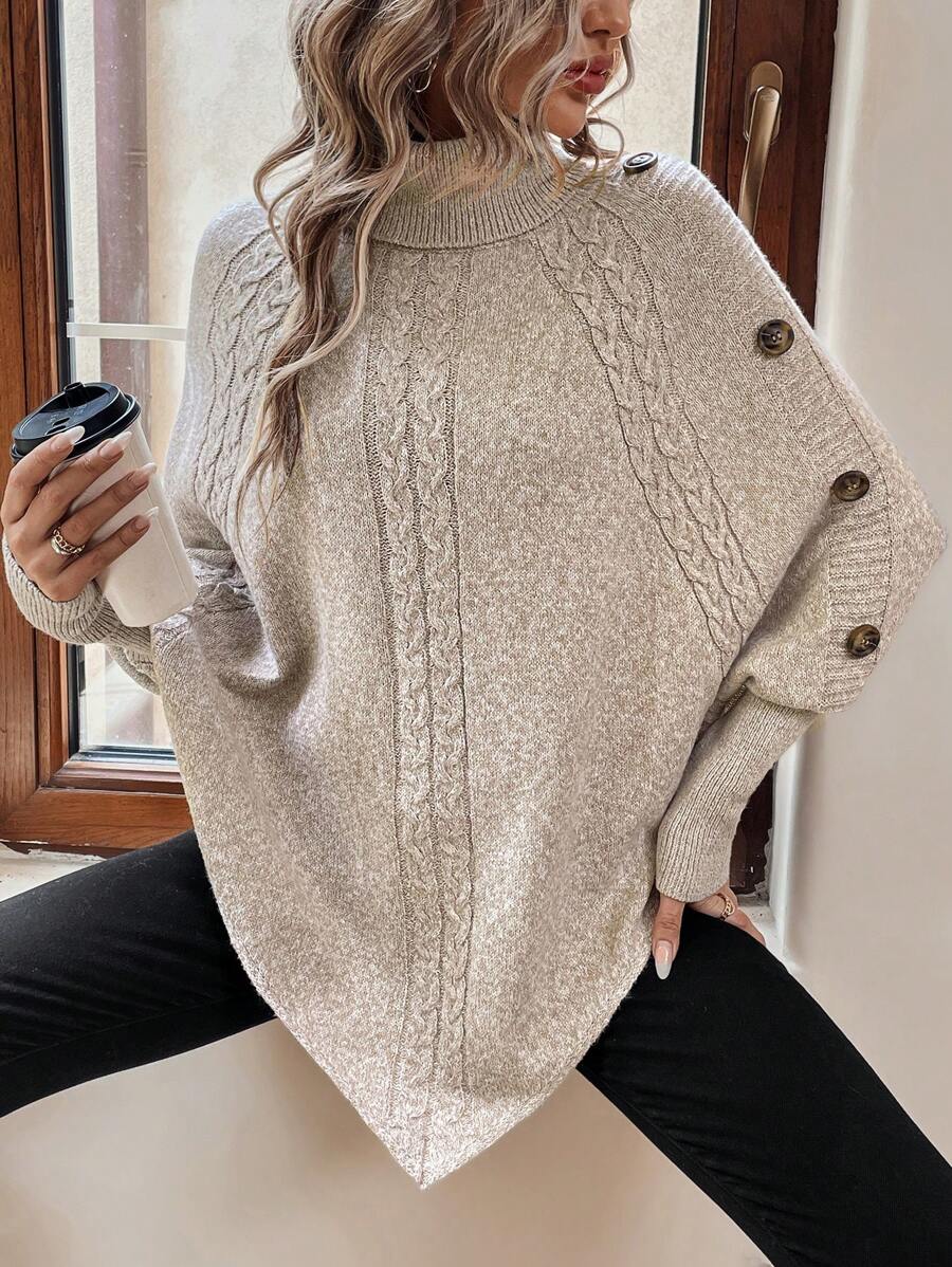 Edwina | Cable-Knit High Neck Poncho Sweater for Women