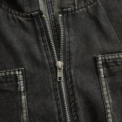 Women’s casual loose-fit denim jumpsuit with retro pockets, long sleeves, hood, and zipper by Christine Brewer.