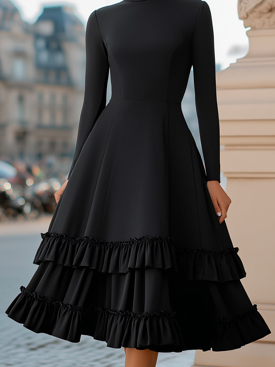 Black high-neck A-line tiered ruffle midi dress by Christine Brewer, featuring elegant ruffle details and a classic silhouette.