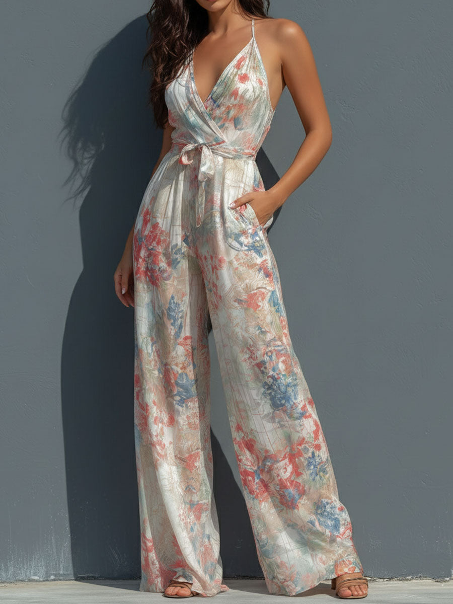 White floral satin halter neck jumpsuit for women with wrap front and wide-leg pants by Christine Brewer.