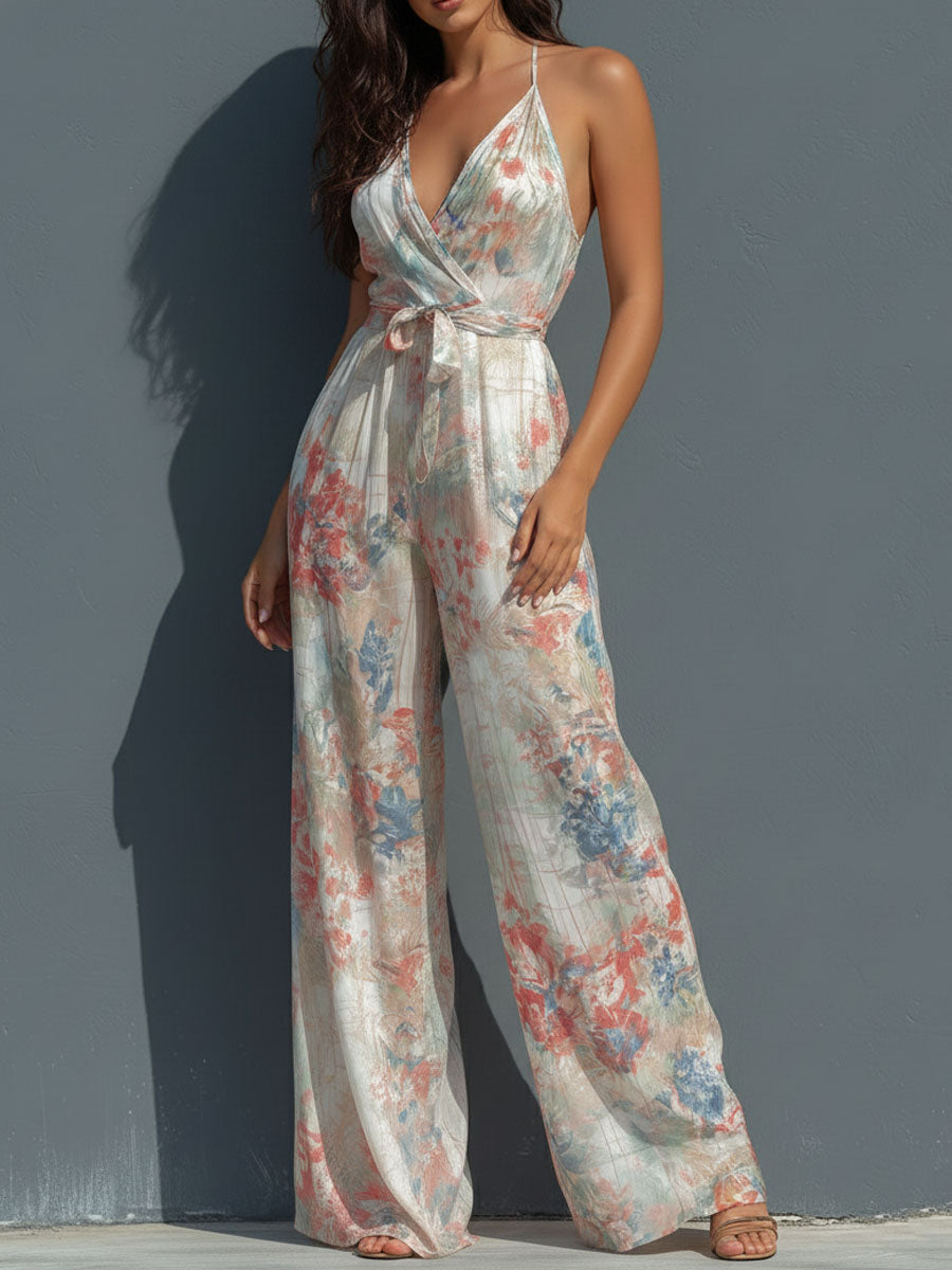 White floral satin halter neck jumpsuit with wide-leg pants, featuring a wrap front design, by Christine Brewer.