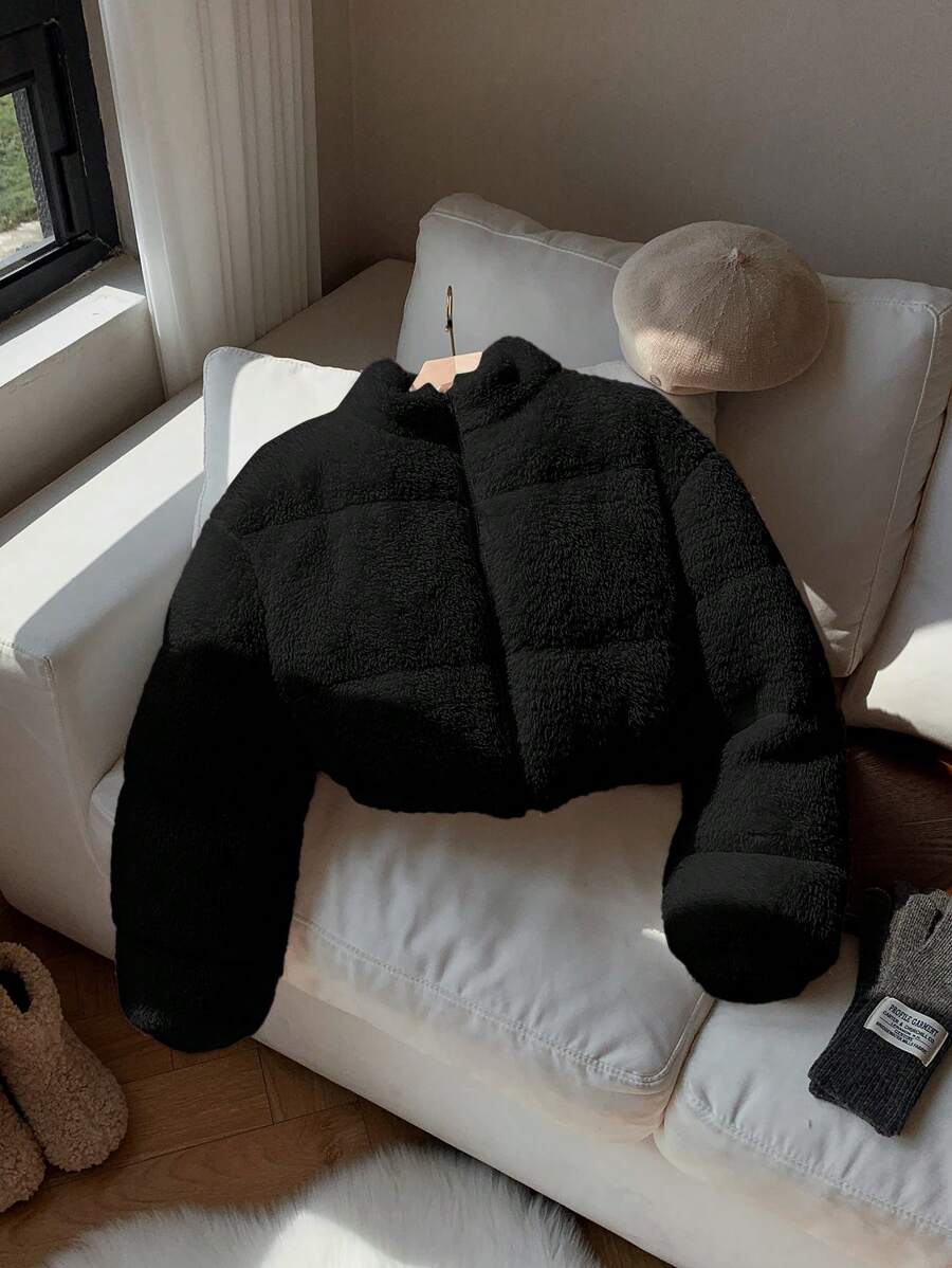 Klara | Women's Puffer Coat Faux Fur Trim Cropped Stand Collar Thick Warm Winter