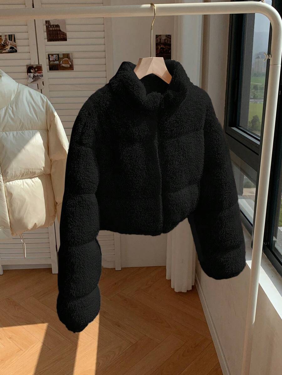 Klara | Women's Puffer Coat Faux Fur Trim Cropped Stand Collar Thick Warm Winter