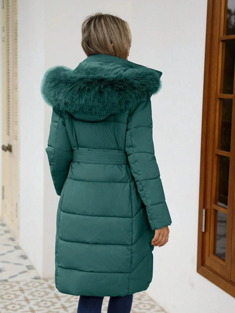 Hilary | Faux Fur Belted Hooded Puffer Coat for Women