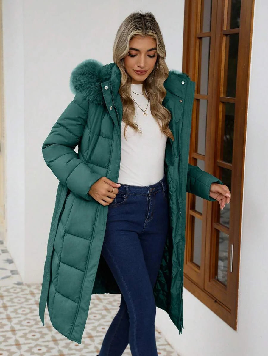 Annelise | Women's Long Winter Coat Faux Fur Hood Belted Warm Winter Zip-Up