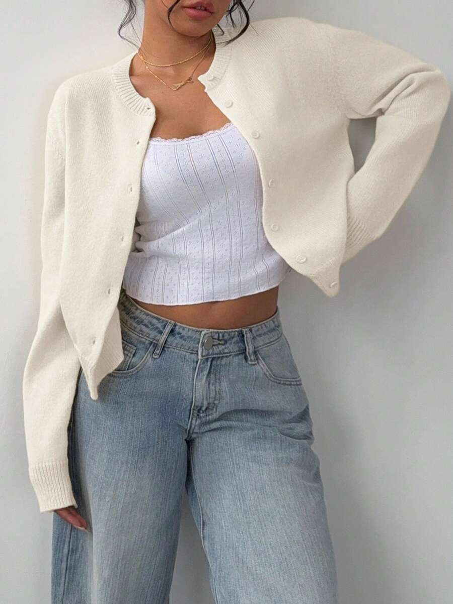 Antonia | Cropped Button-Front Crew Neck Cardigan for Women