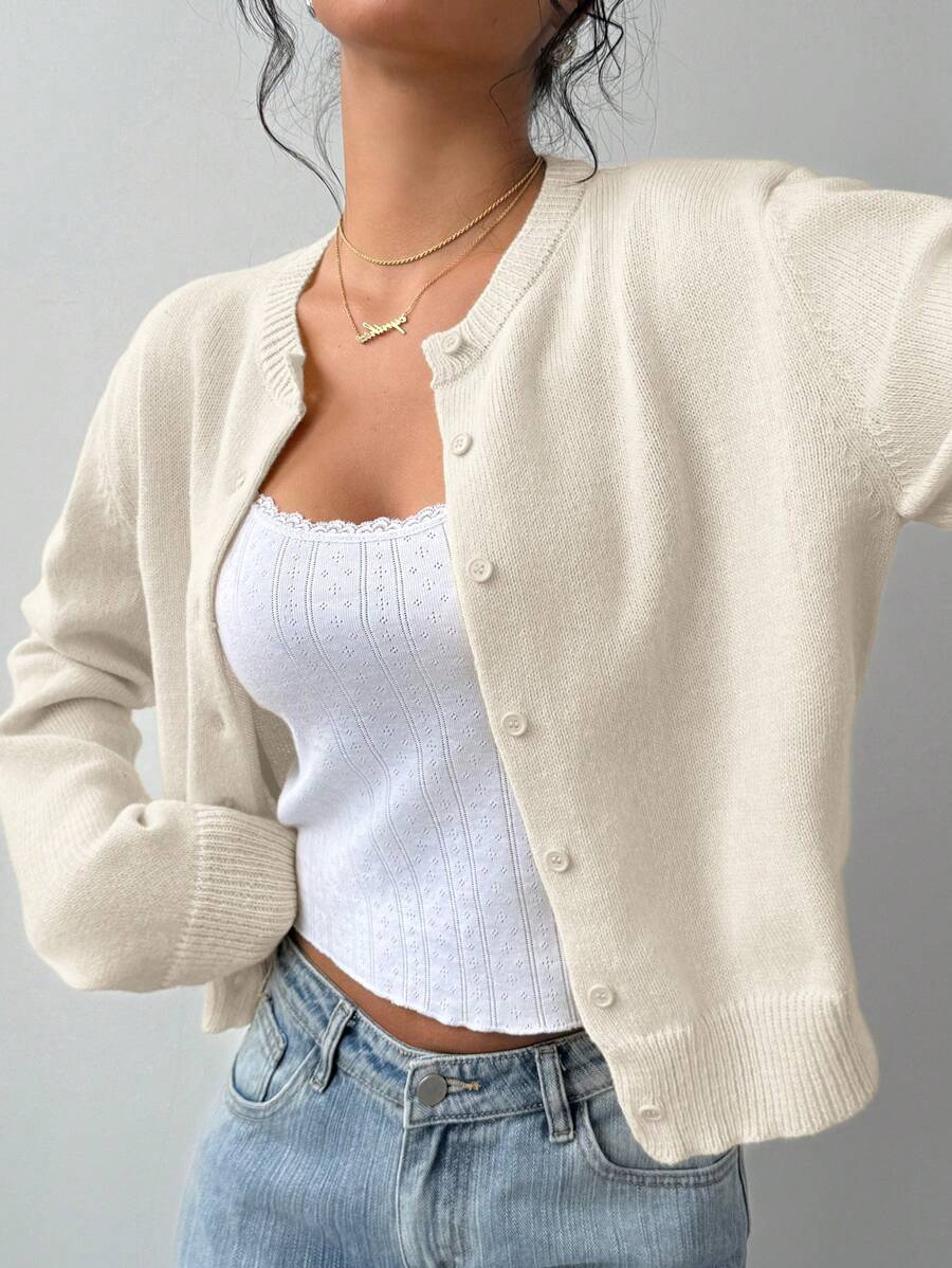 Antonia | Cropped Button-Front Crew Neck Cardigan for Women
