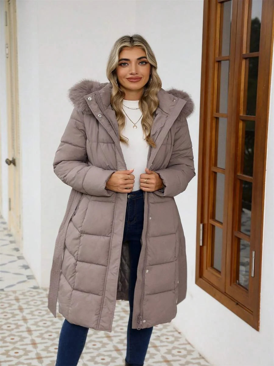 Hilary | Faux Fur Belted Hooded Puffer Coat for Women