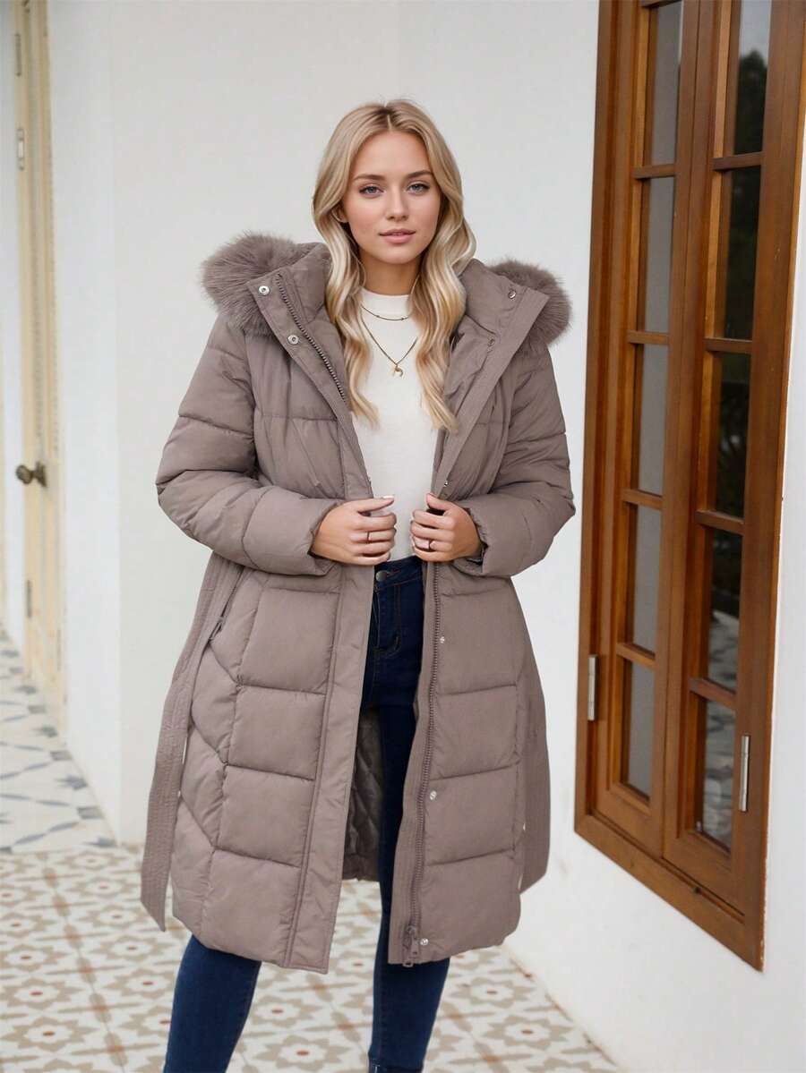 Hilary | Faux Fur Belted Hooded Puffer Coat for Women