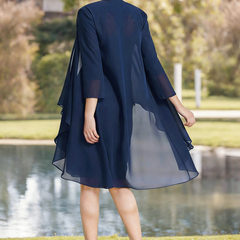 Navy blue tulle midi dress for women by Christine Brewer, featuring pleated two-piece set with elegant flowy design.