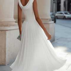 Elegant chiffon draped-neck pleated midi dress for women by Christine Brewer, featuring flowing fabric and stylish design.
