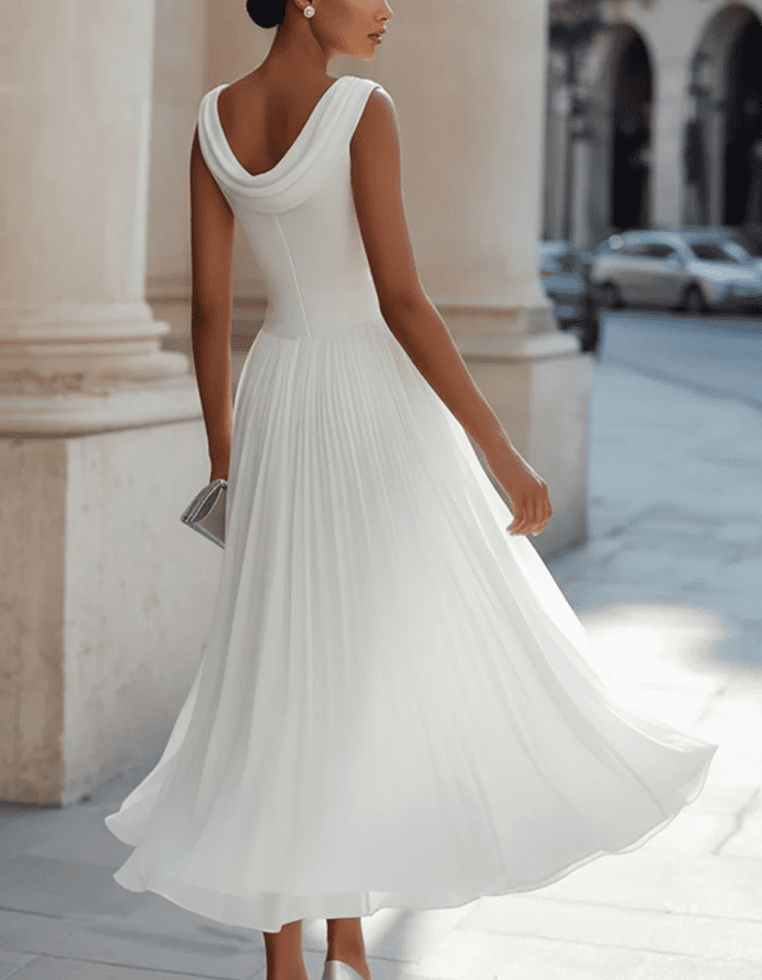 Elegant chiffon draped-neck pleated midi dress for women by Christine Brewer, featuring flowing fabric and stylish design.