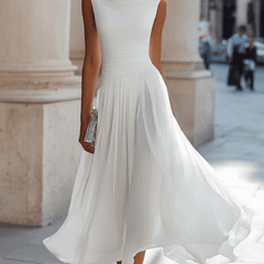 Christine Brewer chiffon draped-neck pleated midi dress for women, featuring a flowy silhouette and elegant design.