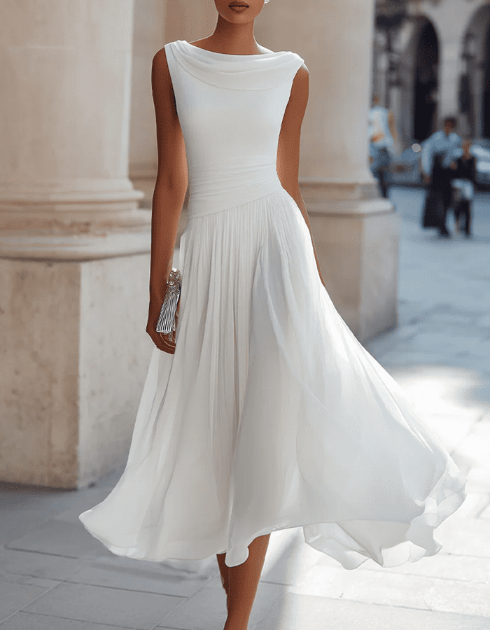 Christine Brewer chiffon draped-neck pleated midi dress for women, featuring a flowy silhouette and elegant design.