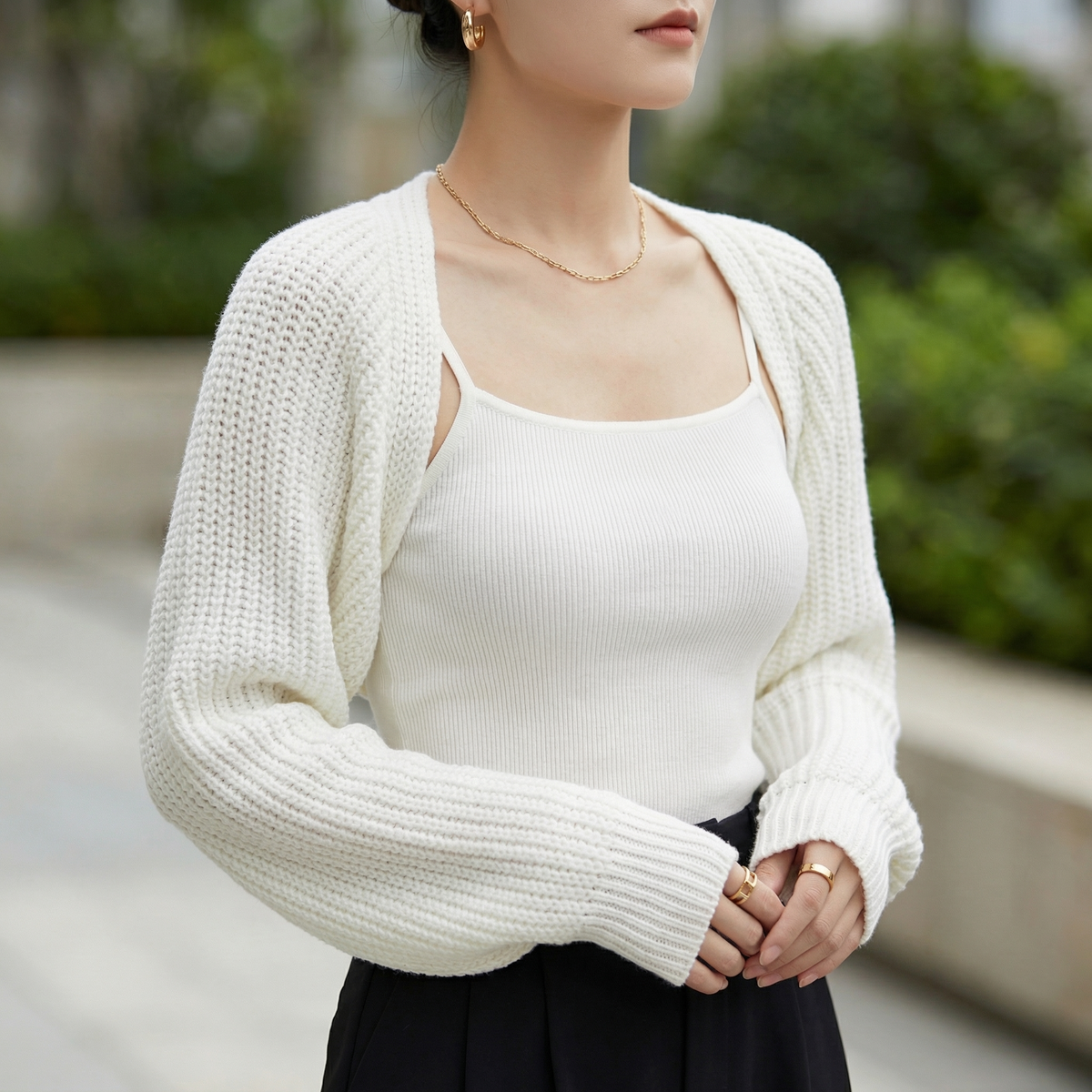 Stella | Cropped Cardigan Knit Shrug Bolero Ribbed Knit Raglan Sleeve Open Front Layering Fall