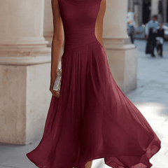 Christine Brewer chiffon draped-neck pleated midi dress for women, featuring flowy fabric and elegant pleats.