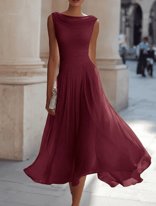 Christine Brewer chiffon draped-neck pleated midi dress for women, featuring flowy fabric and elegant pleats.