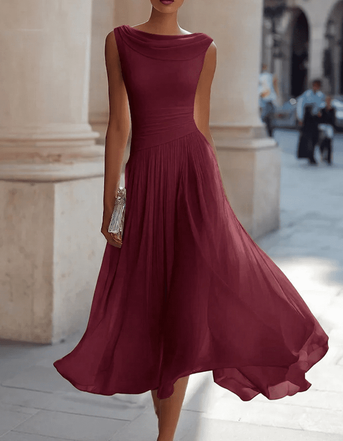 Christine Brewer chiffon draped-neck pleated midi dress for women, featuring flowy fabric and elegant pleats.