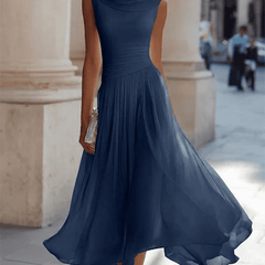 Chiffon draped-neck pleated midi dress for women by Christine Brewer, featuring a flowing fabric and elegant design.