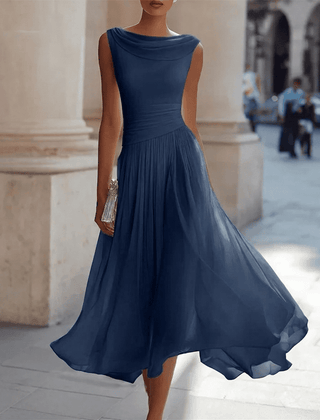 Chiffon draped-neck pleated midi dress for women by Christine Brewer, featuring a flowing fabric and elegant design.