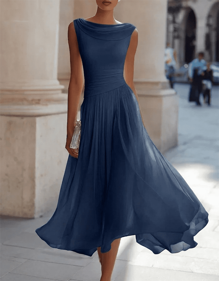 Chiffon draped-neck pleated midi dress for women by Christine Brewer, featuring a flowing fabric and elegant design.