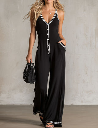 Black color-block V-neck sleeveless jumpsuit by Christine Brewer, featuring button-down front and tailored pant style for women.