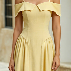 Yellow off-the-shoulder sweetheart A-line midi dress by Christine Brewer, featuring a fitted bodice and flowing skirt.