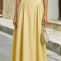 Yellow off-the-shoulder sweetheart A-line midi dress by Christine Brewer, featuring a fitted bodice and flowing skirt.