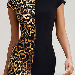Elegant leopard print color block bodycon midi dress with boat neck by Christine Brewer, showcasing a fitted silhouette and stylish design.