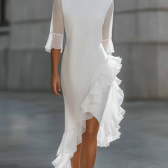Christine Brewer asymmetric ruffle hem sheer sleeve midi dress, elegant women's fashion with flowing fabric and stylish details.