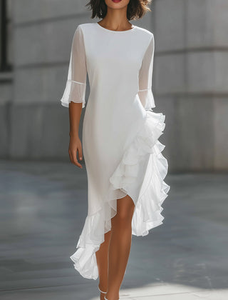 Christine Brewer asymmetric ruffle hem sheer sleeve midi dress, elegant women's fashion with flowing fabric and stylish details.