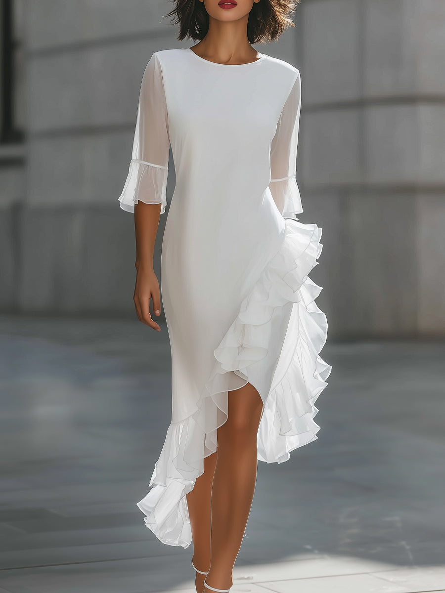 Christine Brewer asymmetric ruffle hem sheer sleeve midi dress, elegant women's fashion with flowing fabric and stylish details.