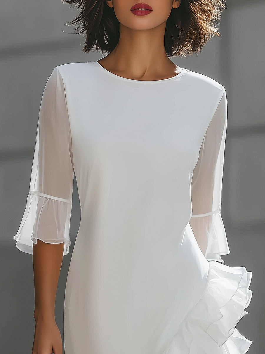 Christine Brewer asymmetric ruffle hem sheer sleeve midi dress showing flowing fabric and elegant design details.