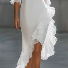 Christine Brewer asymmetric ruffle hem sheer sleeve midi dress, elegant fashion with flowy ruffles and delicate sleeves.