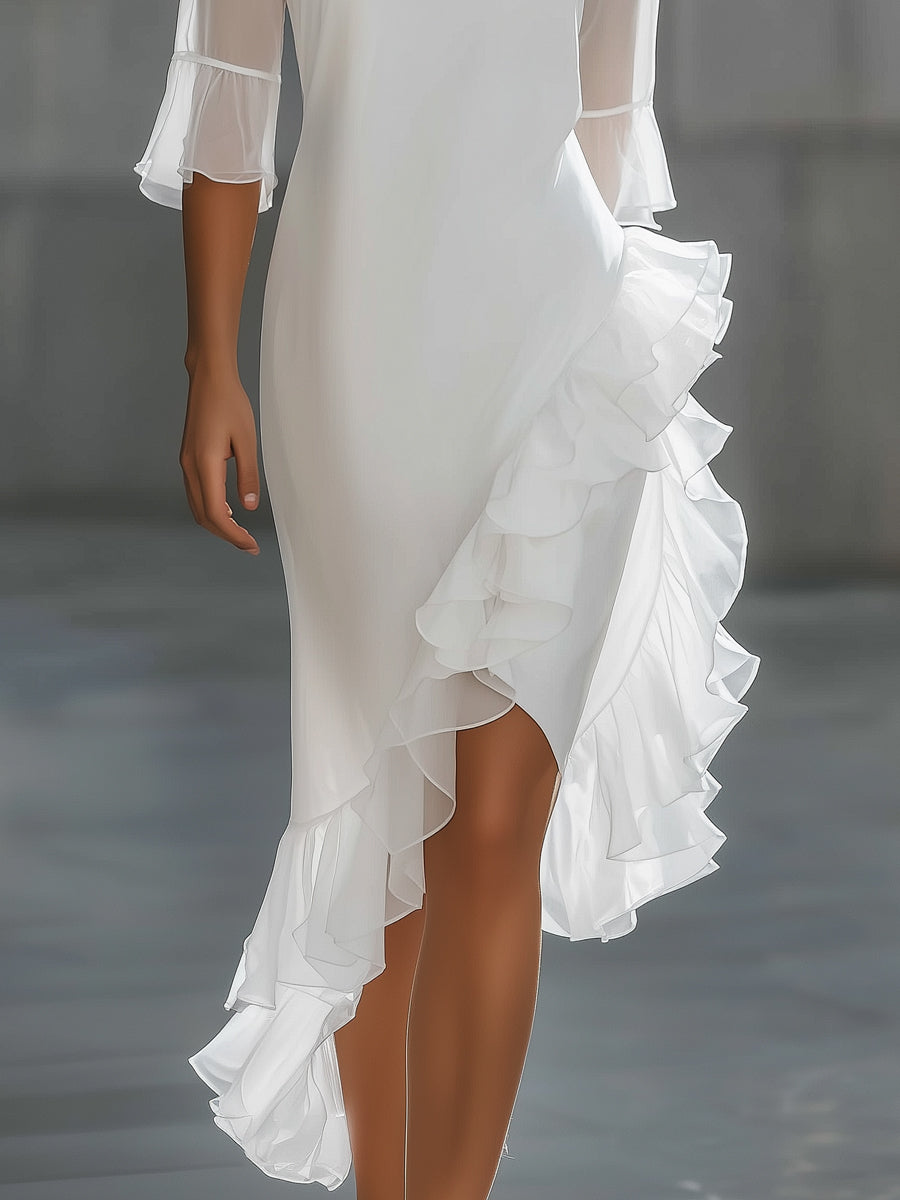 Christine Brewer asymmetric ruffle hem sheer sleeve midi dress, elegant fashion with flowy ruffles and delicate sleeves.