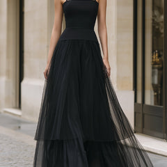 Elegant black tiered tulle maxi dress by Christine Brewer, featuring flowing layers and a sophisticated design.